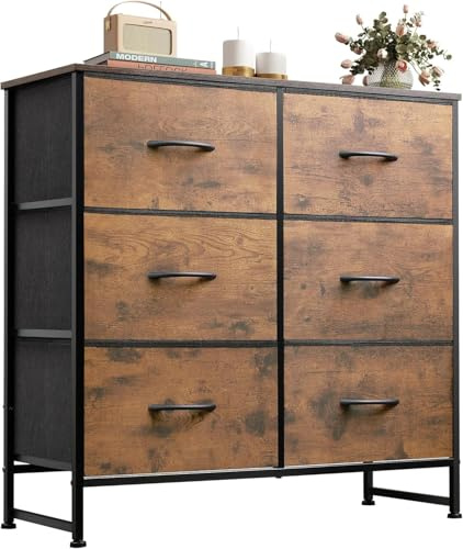 WLIVE 6 Drawer Chest of Drawers, Fabric Dresser for Bedroom, Rustic Brown