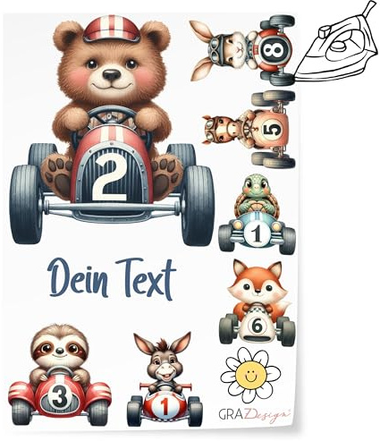 GRAZDesign Bügelbilder Set Autos für Textilien DIN A4 zum selbst aufbügeln für Kinder mit Namen personalisiert