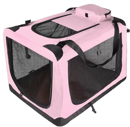 Makamsui Tragbare Hundebox, Reise-Hundebox mit atmungsaktivem Netz-Türfenster, tragbar, faltbar, weich, für große Hunde, Haustierkäfig, Katzenhütte mit Reißverschlusstasche, Rosa