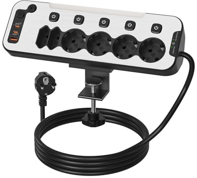 Multipresa da Scrivania,Ciabatta Elettrica con Interruttore,Presa Multipla Salvaspazio da Tavolo USB C PD20W,Multipresa Schuko Protezione Sovratensione,Presa Angolare con Luce Notturna,Cavo 2M,Nero