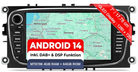 M.I.C. F7-S Android 14 Autoradio - Ford Focus MK2/Mondeo/Cmax/Galaxy/Smax | MT8786,4G+64G,7 Zoll QLED,inkl. DAB+,SIM/4G,Wireless CarPlay & Android Auto,GPS Navigation,BT5,36-Band-DSP,Rückfahrkamera
