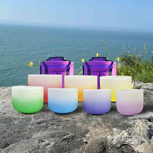 Juego de cuencos cantores de cristal de 6 a 12 pulgadas con diseño degradado, cuencos de cuarzo esmerilado de color para curación sonora con estuche de transporte para viajes