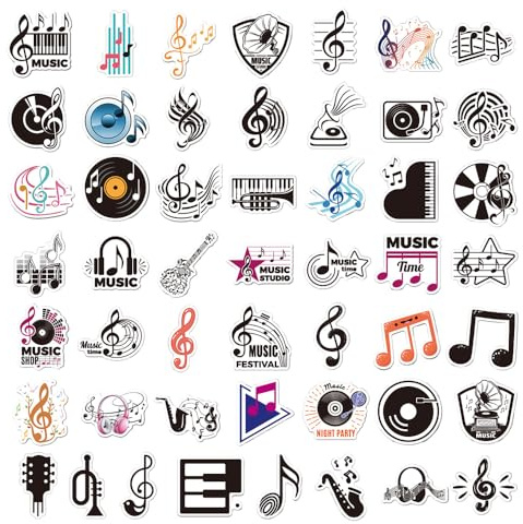 AKSIQIOL 50 Pcs Music Stickers, Vinyl Musical Note Stickers for Water Bottles, Laptops, Skateboards, Guitars, Scrapbooking & Helmets, Cute Aesthetic Fun Stickers, Black, Waterproof
