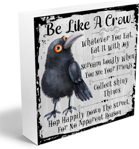 Funny Crow Wooden Box Sign, Inspirational Gifts for Women Men Coworker Funny Office Desk Accessories for Home Bedroom Decorative Signage Rustic Farmhouse Square Desk Decor Sign for Shelf Crow Decor