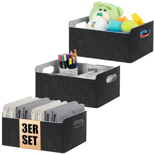 Aevcvok Panier Rangement, 3 Pièces Rangement en Feutre, Pliable Panier de Rangement en Feutre Organisateur pour Vêtement, Serviettes, Articles de Toilette, Livres, Jouets (Noir-Gris)