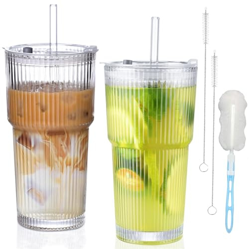 ZHYOPING 2PCS 550ml Ribbed Glass Tumbler with Straw and Lid, Reusable Iced Coffee Cup, Iced Latte Glass, Smoothie Cup, Leakproof Clear Water Cups for Tea, Juice, Milk, Soda, Cocktail, Whiskey
