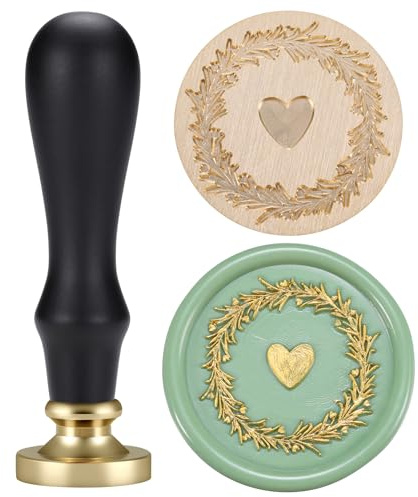 Filhome Siegelstempel Pflanzen Wachssiegel Stempel mit Schwarz Holzgriff für Hochzeit Geschenkverpackung Einladungen (Kranz mit Herz)