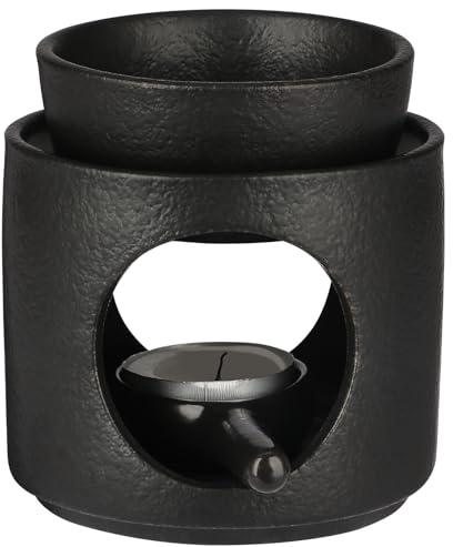 BSTKEY Bruciatore di cera in ceramica, bruciatore di oli essenziali, cilindro decorativo, bruciatore per candele tealight, diffusore di aromi per la casa, con cucchiaino per candela (nero)