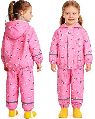 JinBei Tuta Impermeabile Bambino Leggero Tuta Pioggia Bambina, 1-7 Anni | con Cappuccio, Strisce Riflettenti, Pantaloni e Giacca, Antipioggia Impermeabili， Motivi Stampati, per Scuola, Camping