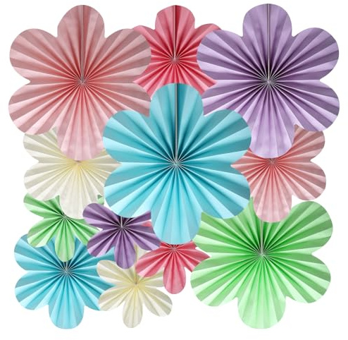 BestoFun 12er Set Bunt Papier Blumenfächer Beige Rosa Papierblumen Grün Lila Hellblau Papier Fächer Hängende Girlande Dekoration für Hochzeit Geburtstagsfeier Gartenparty Tischdeko