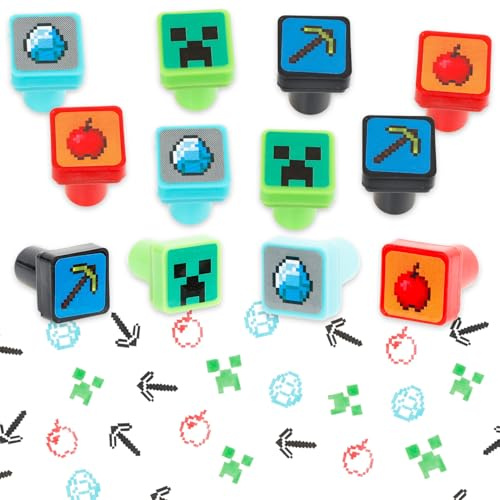Minecraft Stampers Partyzubehör – Paket mit 12 selbstfärbenden Stempeln mit Videospiel-Thema, Partygeschenke, Geschenktüten, Beutetütenfüller, Creeper Pixel Minecraft Birthday-Aktivitäten