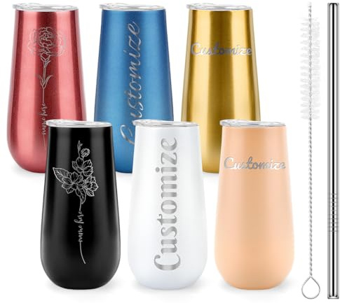 WALLFID Personalisierte Sektgläser mit Deckel, 6oz Edelstahl Champagnerglas mit Gravur, Thermobecher To Go, personalisierte Tasse, Weinbecher, für Hochzeit, Geburtstag, Camping, Brautjungfer Geschenk