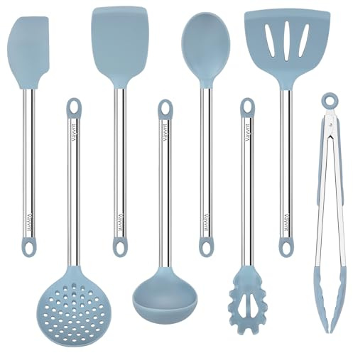 Vayvnt Silicone Kitchen Utensils Set, NonToxic, Plastic-Free, 8PCS, Blue | Heat Resistant Silicone Cooking Utensils, Non Scratch Spatula for Non Stick Pan, Long Stainless Steel Handle, Dishwasher Safe