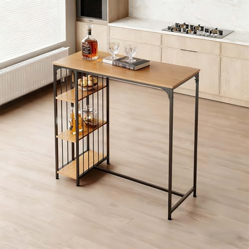 Warmiehomy Industrial Vintage Breakfast Bar Table with 3 Tiers Storage Shelves, Indoor Kitchen High Bar Table for Home Apartment Dining Room Office Bistro Pub Cafe, Brown
