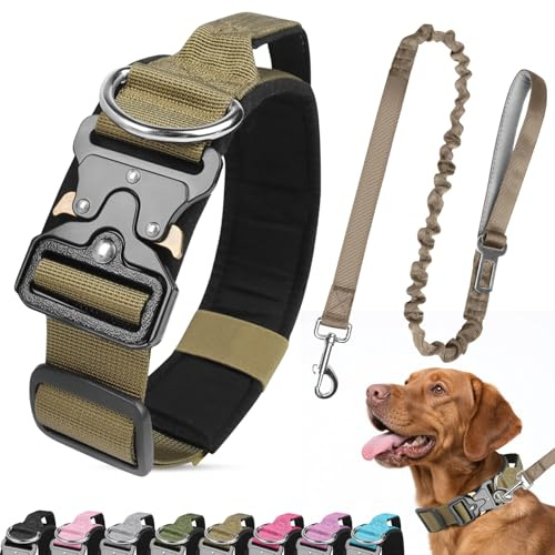 Ledeak Hundehalsband und Leine, Taktisches Hundehalsband mit Kontrollgriff und Metallschnalle, Hunde Halsband Gepolstert, Breit Verstellbare Halsband für Hunde Training Freizeit Outdoor (Khaki, L)