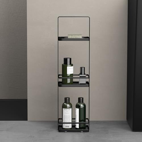 doporro Duschablage ohne Bohren, 3 Ebenen Badregal Stehend, Duschregal Schmales aus Metall, Modernes Design für Badezimmer und Toilette, Schwarz