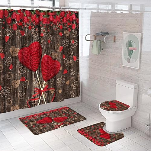 Badgarnitur 3 Teilig Badezimmerteppich Waschbar Badematte rutschfest,Wc Vorleger Mit Ausschnitt Und Badematte, Badvorleger Toilette Teppich 45X75Cm Rose