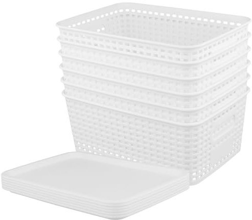 CHEUKYIU 6er Set Aufbewahrungsboxen mit Deckel, Aufbewahrungsbox Kunststoff Aufbewahrungsbehälter mit Deckel, Aufbewahrungskorb Stapelbar Gitterdesign mit Griffen für Küche Badezimmer Büro (Weiß)
