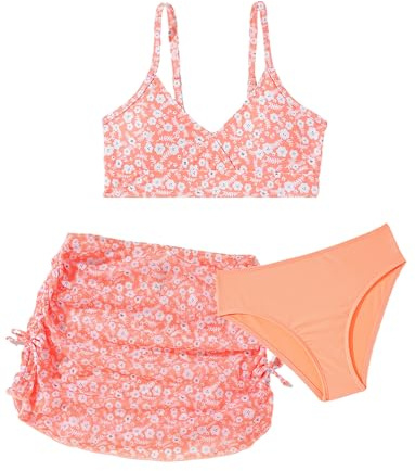 SEAUR Fille Maillot de Bain Floral Couleur Unie Tankini 3 Pieces Fille Bikini avec Bretelles Réglables et Jupe Cache 10-11 Ans
