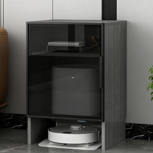 Armario robot con ruedas silenciosas, organizador de almacenamiento de estilo industrial con puertas de vidrio templado, mesa auxiliar para sala de estar