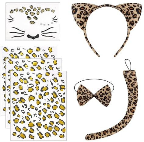 KSBBHDS 4 Pezzi di Costumi Animali Leopardati, 3 Pezzi di Adesivi per Tatuaggi Leopardati, tra Cui Fascia per Le Orecchie, Papillon, Coda, Oggetti di Scena per Giochi di Ruolo.