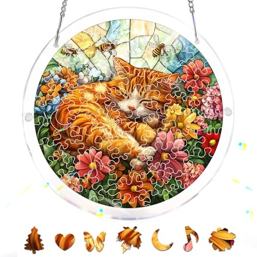 Zariocy Cat Flower Acrylic Jigsaw Puzzle Suncatcher - Stained Glass Window Hanging - Creative Home Decor - 83 Piece Puzzle & Pendant Combo - Ideal for Mom, Wife, Aunt Gift 18x18 cm-35