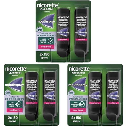 Nicorette QuickMist Mouthspray, Cool Berry (2 x 150 Sprays) Smoking or Vaping Cessation Aid, Designed to Start reducing Cravings in 30 Seconds (Quit Smoking or Quit Vaping Aid) (Pack of 3)