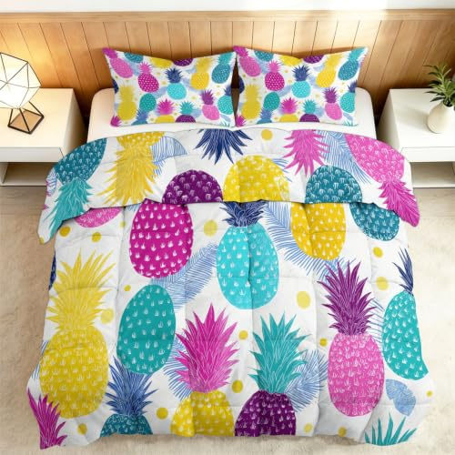 Pop tropisk frukt täckfritt täcke enkelset 135 x 200 cm, 7,5 Tog täcke set med 2 örngott för flickor barn tonåringar, mjuk vändbar färgglad ananas prickig sängtäcke för alla årstider sängkläder
