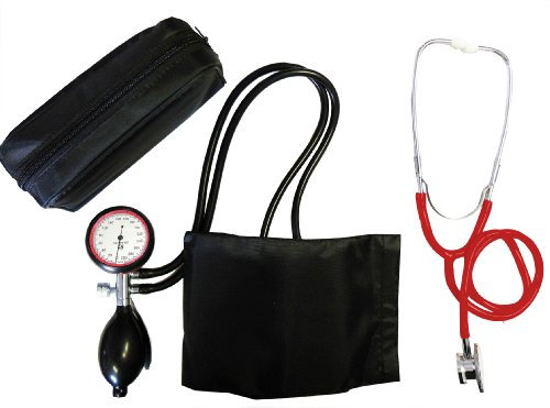 Tiga-Gold 2 Set di 2 pezzi con sfigmomanometro da braccio con 2 tubi e stetoscopio a doppia testa colore rosso, qualità clinica certificata