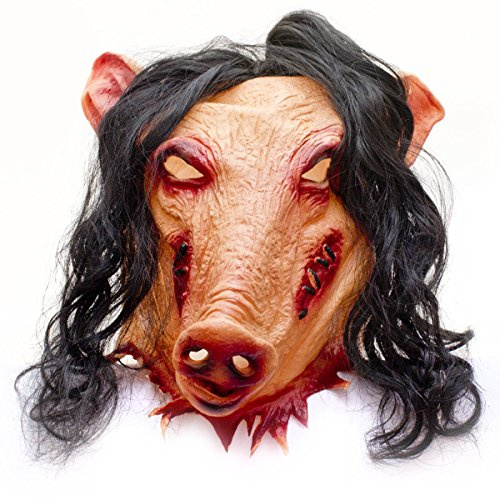 GOODS+GADGETS® Schweinemaske Horror Latex Vollkopfmaske - Wrong Turn | Latexmaske mit Kunsthaar-Perücke, zugenähter Schnauze & blutigen Details – Universalgröße