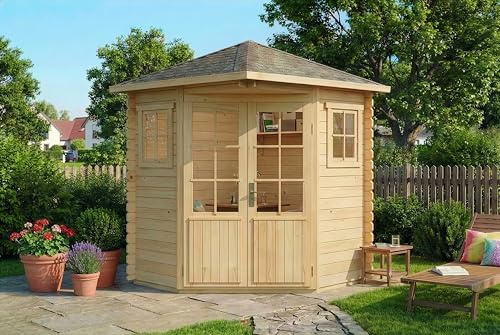 Alpholz 5-Eck Gartenhaus Sunny-A 220x220cm Naturbelassen 28mm Wandstärke | aus Holz (Nordische Fichte|Kiefer), Blockbohlenbauweise, Spitzdach