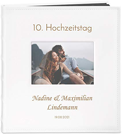 Maverton Fotoalbum zum Selbstgestalten mit Bildausschnitt & Aufdruck zum Jubiläum - Fotobuch zum Einkleben - 240 Fotos im Format 10x15-60 schwarze Seiten - Größe 33x30cm - Weiß - Hochzeitsgeschenk