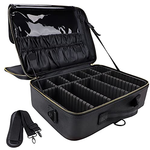 JOURMON Travel Makeup Train Case,Large Capacity Cosmetic Bags for Women,Portable Makeup Bag Organizer with Adjustable Dividers & Shoulder Strap(Black, L)