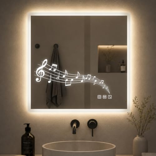 STARLEAD Badspiegel-mit-Beleuchtung 80x80 cm, LED-Spiegel-Bad-mit Bluetooth, Entfoggen, IP44 Badezimmer-Spiegel-mit-Licht 3 Farbtemperaturen, Dimmbar, Speicherfunktion, HD Hartglas