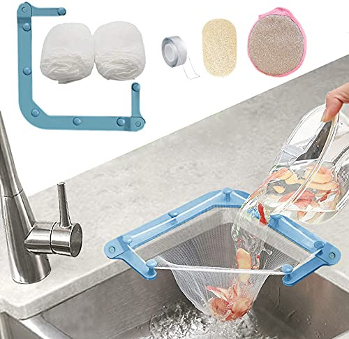 HiBD-Küchenspüle Dreieck Tri-Holder Filter, Spülbeckensieb, Spülbeckenabflusssieb, mit einem dreieckigen, verbesserten, faltbaren blauen Gestell und 100 Stück großen Filternetzbeuteln für Küchenreste