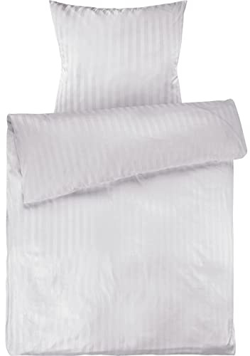 Pure Label Mako Satin Damast Streifen Bettwäsche weiß 135 x 200 cm mit Kissenbezug 80 x 80 cm aus 100% Baumwolle | Traumhaft weiches Mako Satin Bettwäsche Set in Uni