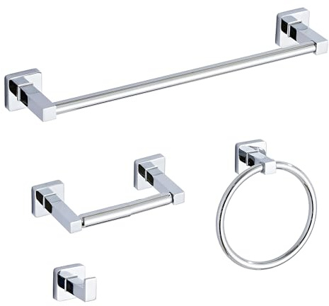 Chrome Bathroom Hardware Set 4 Pieces,Towel Bar Set Stainless Steel Wall Mounted, Includes 16In Hand Towel Bar, Towel Ring, Robe Towel Hooks,Toilet Paper Holder, Bathroom Towel Rack Set