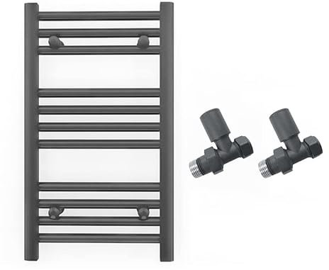 300mm Wide Straight Anthracite Grey Heated Bathroom Towel Rail Radiator With Valves For Central Heating UK (With Straight Valves, 300 x 600 mm (h))