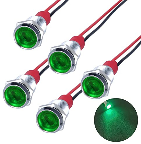 DMWD 5Pcs 12V-24V Energy Saving LED Indicator Light Mounting Hole 10mm (0.4) 20mA Waterproof Wide Flat Head Signal Lamp Pilot Dash Directional with Wire （Green LED）