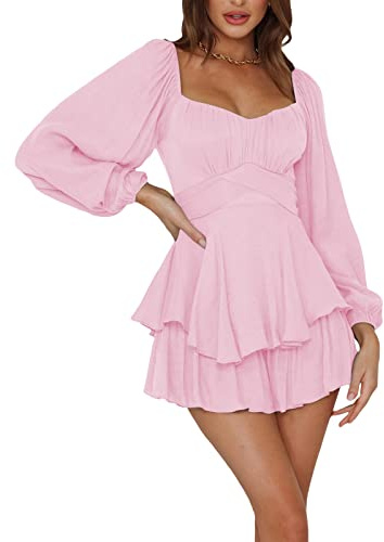 Damen Rüschenkleid mit integrierten Shorts Langarm Schulterfrei Korsett Kleid Mini Chiffon Kleid Einfarbige Rüschenarm Plisse Kleid Mit U Ausschnitt Sommer Blusenkleid Strandkleid (Rosa-A , S )