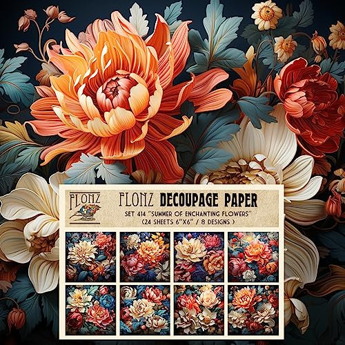 Decoupage-Papier-Set (24 Blatt, 15,2 x 15,2 cm), Sommer der bezaubernden Blumen # Japan-Aquarell-Vintage-Stil, Musterpapier für Decoupage, Basteln und Scrapbooking