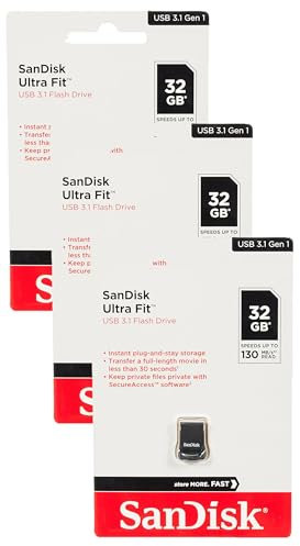 SanDisk Ultra Fit USB 3.1 Flash-Laufwerk 32 GB (Für Laptops, Spielkonsolen und Auto-Audiosysteme, Plug-and-Stay, 130 MB/s Lesen, SecureAccess Software) (Packung mit 3)