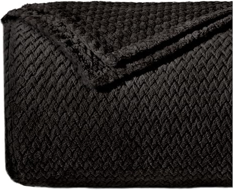 Dreamzie - Flauschig Fleecedecke 220 x 270 cm - Kuscheldecke Mikrofaser 100% Polyester 260gsm - Decke Sofa mit Fischgrätmuster und weicher Haptik - Schwarz