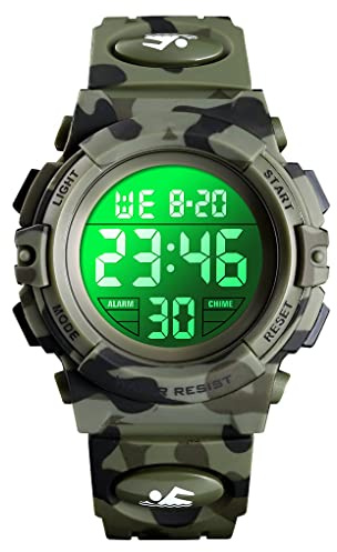 Dayllon Kids Digital Watch Boys Outdoor Sports 50M Waterproof Girls Watches Alarm Clock 12/24 H Stopwatch Calendar for Ages 3-15 Boy Girl Wristwatch Kids Gift,Army Green XS