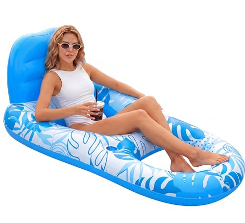 SLOOSH Matelas Gonflable pour Adultes, Transat de Piscine Gonflable, Bouée Flottante Type Radeau avec Porte-Gobelets, Repose-Pieds et Dossier Réclinable pour Piscine et Eau (Bleu)