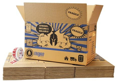 Trojan Pack of 10 Large Strong Double Wall House Moving Boxes 51 x 29 x 29cm 43L Storage - With Hand Holes & Room List - Home Removal Packing Storage Box Built for Strength & Durability Recyclable