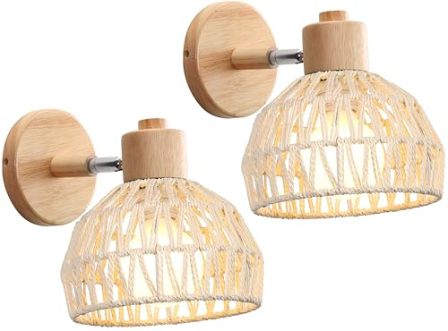 iDEGU 2 Stücke Wandleuchten Innen Retro Wandlampe aus Holz Rattan Halbkreis Lampenschirm Vintage E27 Verstellbare Wandspot Industrie Lampe für Schlafzimmer Wohnzimmer Flur Café (20cm, Weiß Rattan)