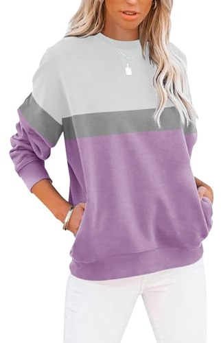 Cuptacc Pullover Damen Rundhals Elegant Sweatshirt Locker Farbblock Taschen | Alltag,Atmungsaktiv,Lässig Bequem,Der Stoff ist Weich Hautfreundlich,Farbblock,Lockerer Passform,Rundhals