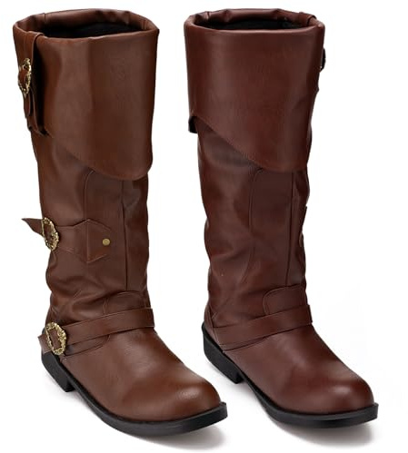 Cuffbow Pirate Costume Boots for Men Medieval Renaissance Steampunk Cosplay Boots Halloween Gothic Button Leather Shoes(13,Brown)
