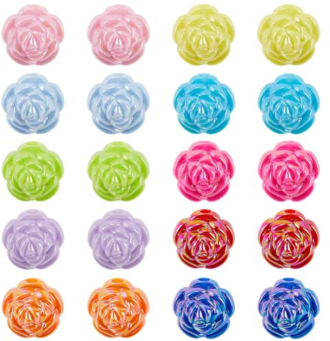 SOFPLATE 1 Box 40Pcs 10 Colors Rose Flower Beads Iridescent Acrylic Beads Opaque Assorted Colorful 3D 15mm AB Color Small Loose Spacer Bead for Jewelry Making Bracelets Necklaces Earrings DIY Crafts